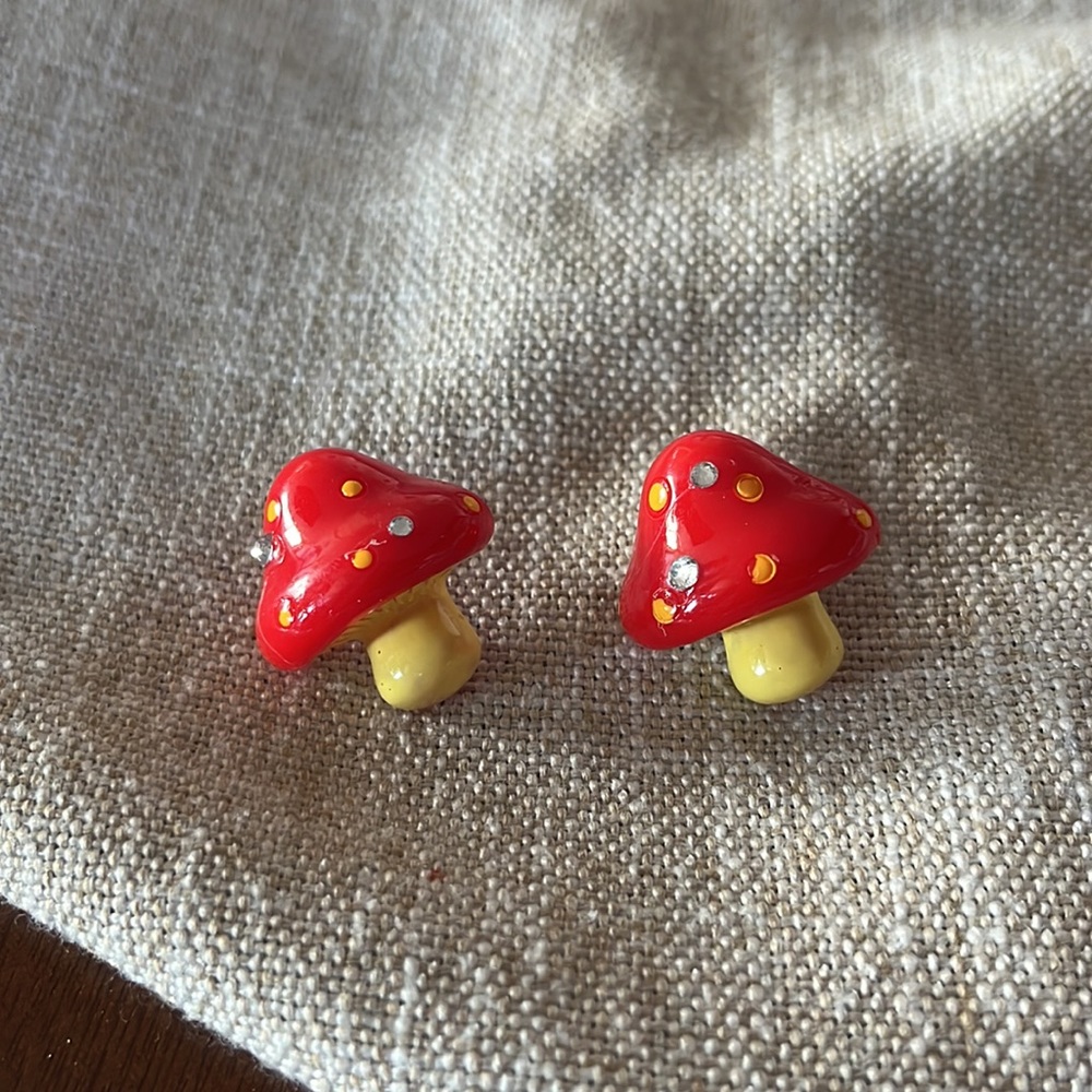 Large red yellow mushroom post earrings with rhinestones